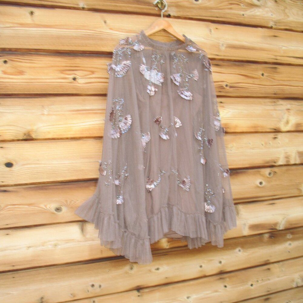 MAC DUGGAL 9257 Brown Embellished Long Flare Sleeve Mesh A-Line Dress - Picture 6 of 13